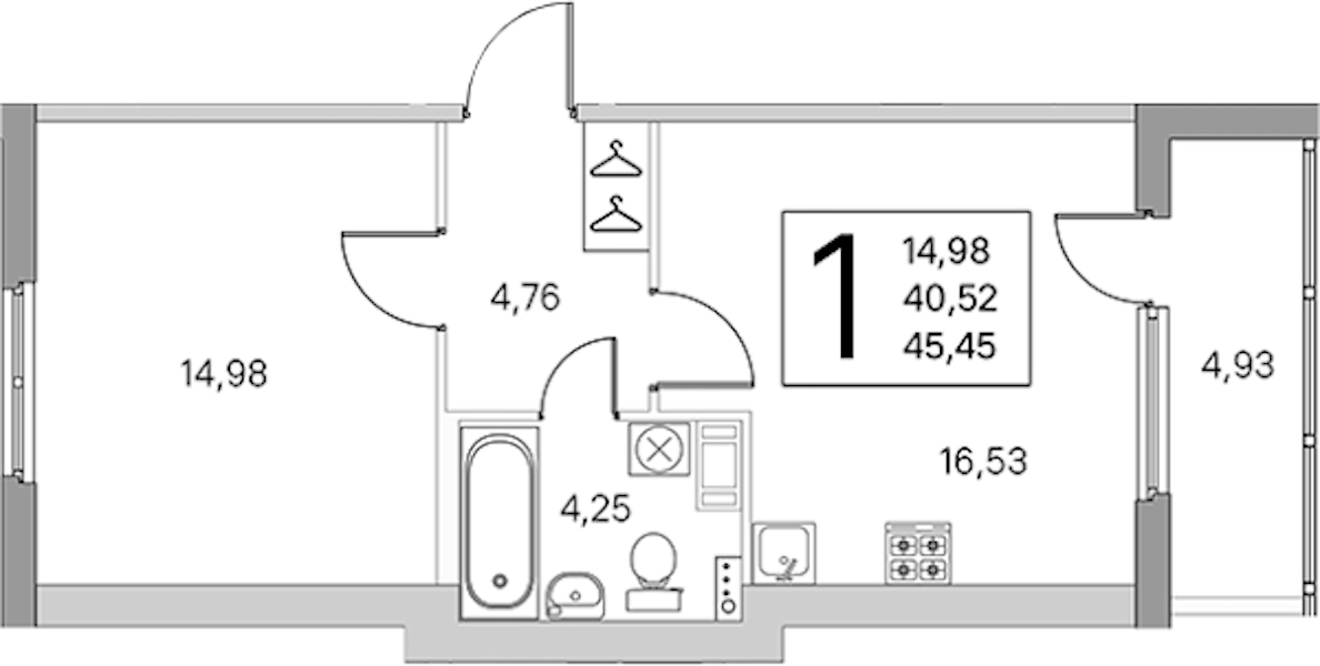 1-комнатная квартира 42.99 м², 4/4 эт., ЖК «Любоград в Стрельне»